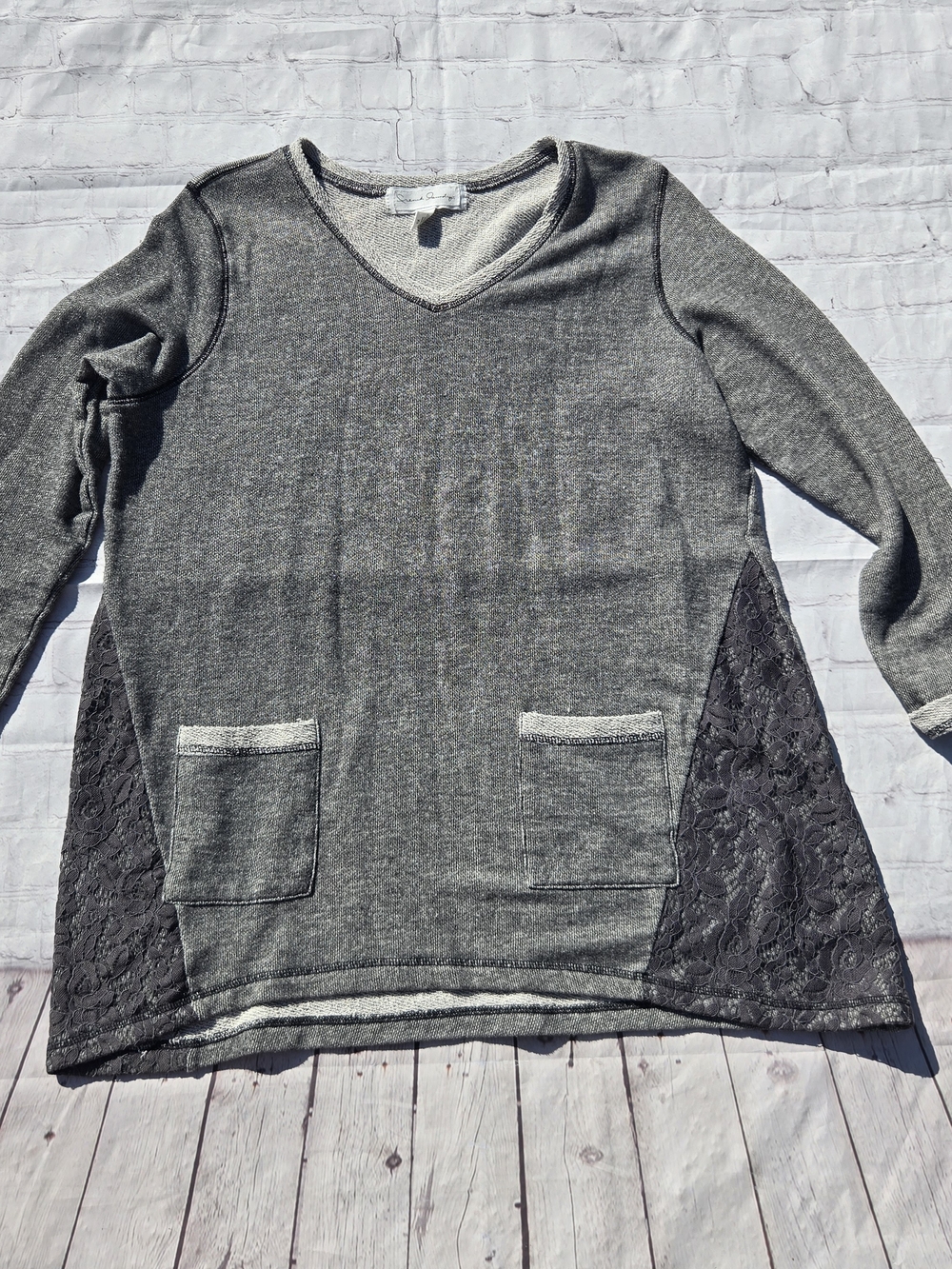 French Laundry gray patch pocket lace panel art to wear Lagenlook tunic XL